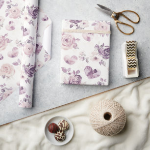 Papier Cadeau Fleurs Violettes Roses & Cœurs Anniversaire
