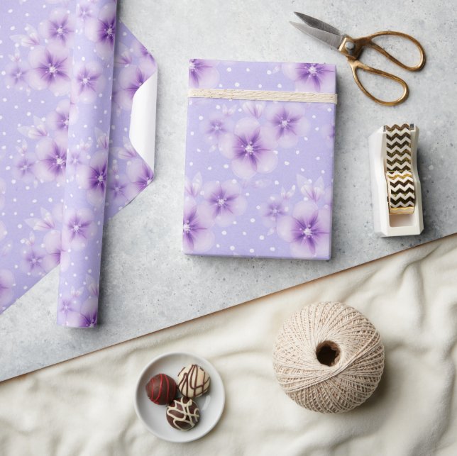 Papier Cadeau Fleurs violettes sur points (Artisanat)