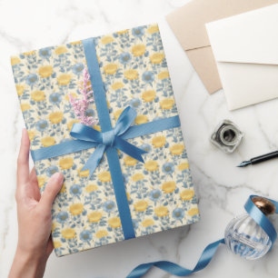 Papier Cadeau Fleurs Whimsical : Citron & Floral Bleu