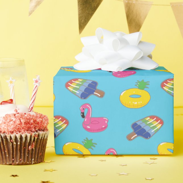 Papier Cadeau Floats de la piscine à motifs bleu clair et rose é (Fête d'anniversaire)