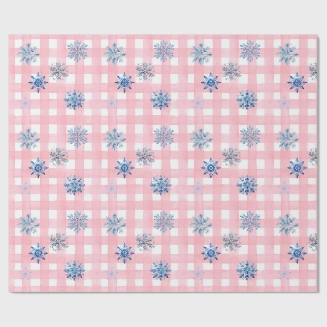 Papier Cadeau Flocon de neige à carreaux roses (Plat)