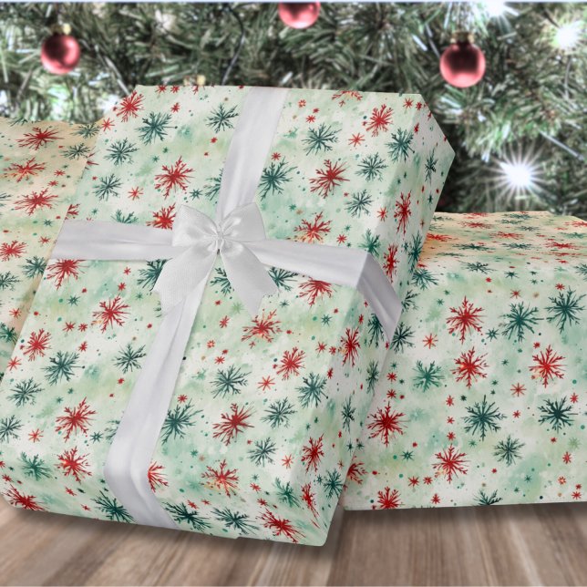 Papier Cadeau Flocon de neige à l'aquarelle Noël (Festive Holiday Red And Green Snowflake Christmas Wrapping Paper)