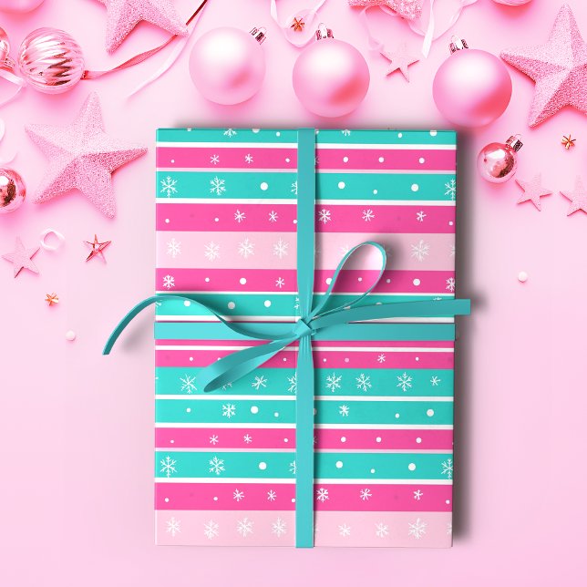 Papier Cadeau Flocon de neige à rayures horizontales rose et men (Créateur téléchargé)
