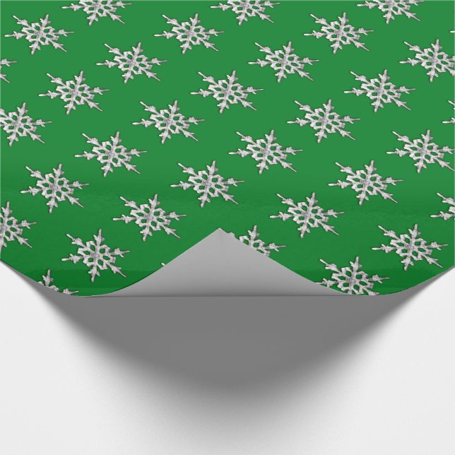 Papier Cadeau Flocon de neige argent et blanc sur fond vert pin (Coin)