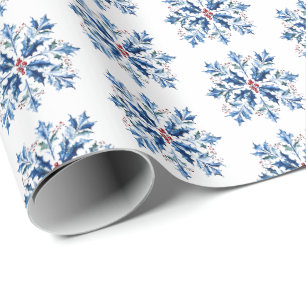 Papier Cadeau Flocon de neige de houx bleu Noël nordique
