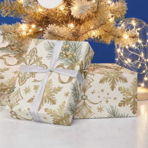 Papier Cadeau Flocon de neige de Noël élégant vintage or