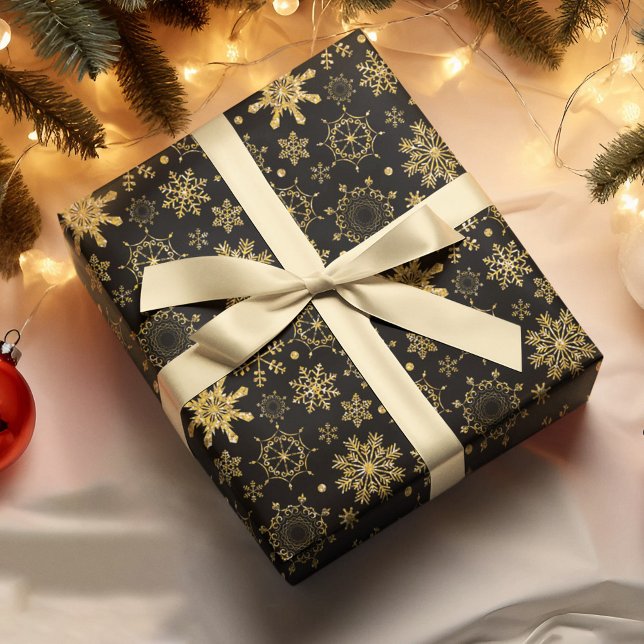 Papier Cadeau Flocon de neige d'or sur Noël Arrière - plan noir (Créateur téléchargé)