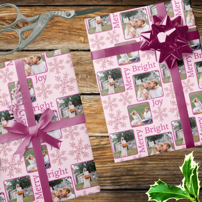 Papier Cadeau Flocon de neige rose Glam 3 Photo Collage Noël (Add your favorite photos to this pink snowflake design for custom designer Christmas wrapping paper)