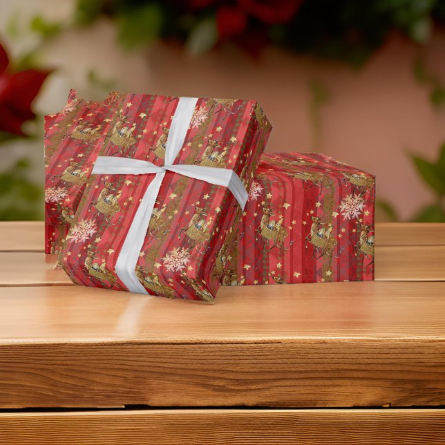 Papier Cadeau Flocon de neige rouge rayé Flying Reindeer (Créateur téléchargé)