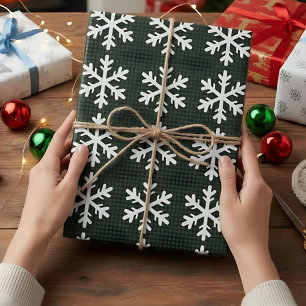 Papier Cadeau Flocon de neige vert rustique et noir plat Noël