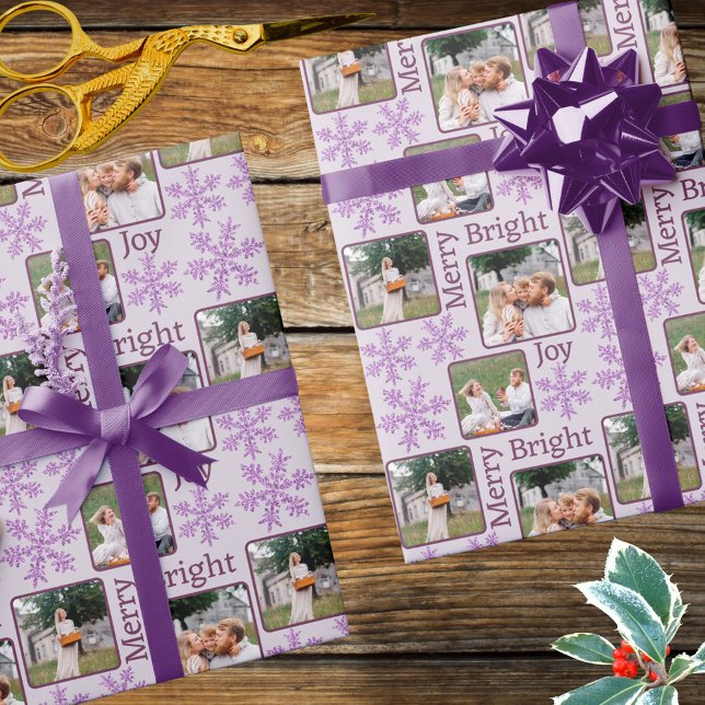 Papier Cadeau Flocon de neige violet glam 3 Photo Collage Noël (Create your own photo wrapping paper with purple snowflakes and a little faux glitter Christmas glam)