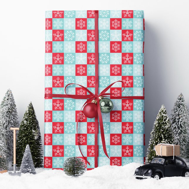 Papier Cadeau Flocon de Noël à carreaux rouges et bleus  (Créateur téléchargé)