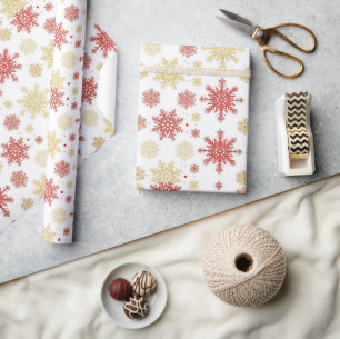 Papier Cadeau Flocon de Noël Rouge Or