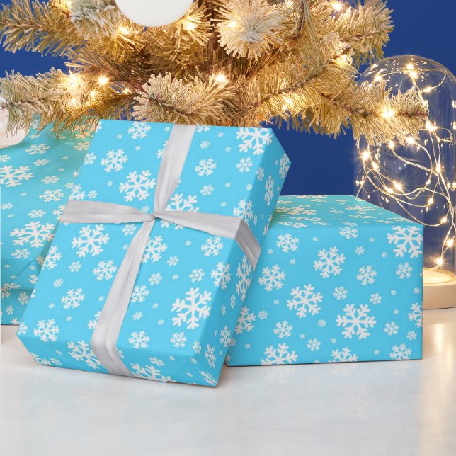 Papier Cadeau Flocons blancs sur motif d'hiver bleu clair (Vacances)