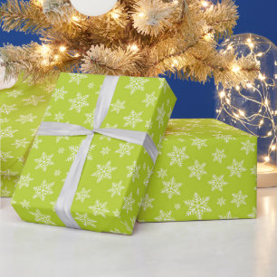 Papier Cadeau Flocons blancs sur motif vert d'hiver