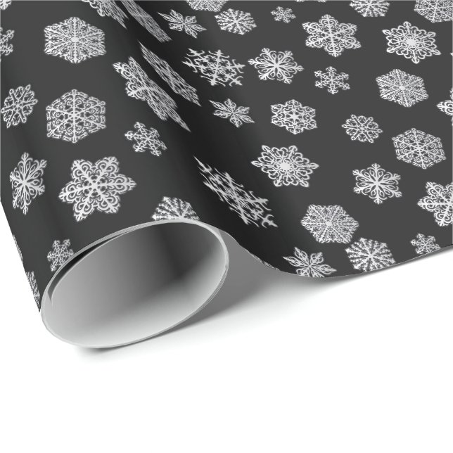 Papier Cadeau Flocons d'argent sur fond noir (Coin rond)