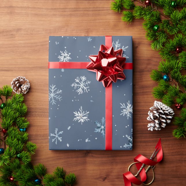 Papier Cadeau Flocons de neige argentés bleus d'hiver de Noël (Cadeau de vacances)