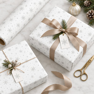 Papier Cadeau Flocons de neige argentés sur fond blanc facultati