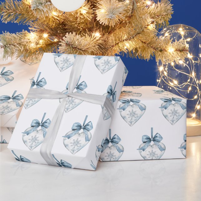Papier Cadeau Flocons de Neige Blancs Bleus Nœuds Cœurs Noël (Vacances)