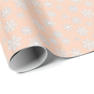 Papier Cadeau Flocons de neige blancs en 3D sur un fond pêche
