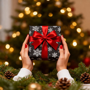 Papier Cadeau Flocons de neige blancs sur fond noir Noël