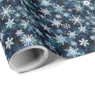 Papier Cadeau Flocons de neige bleu profond nuit magique d'hiver