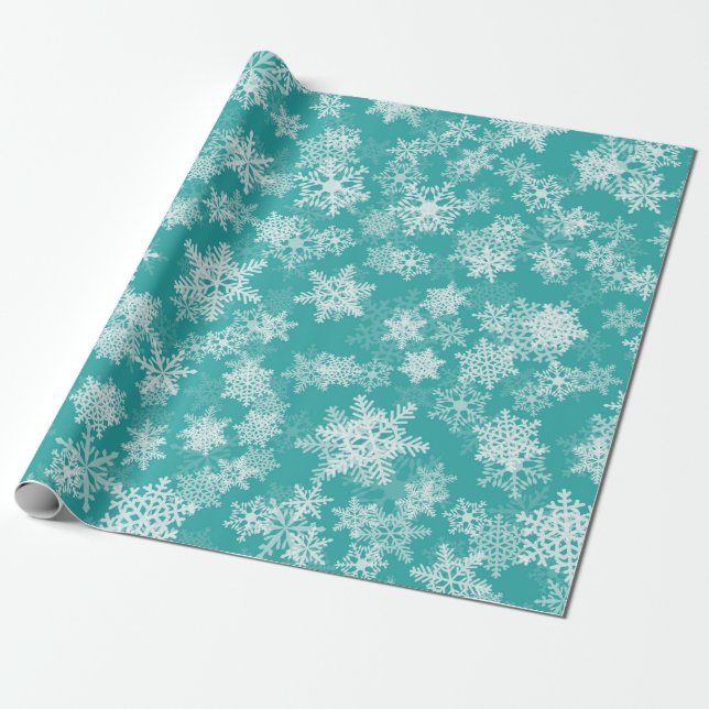 Papier cadeau flocons de neige bleus-verts et blan (Déroulé)