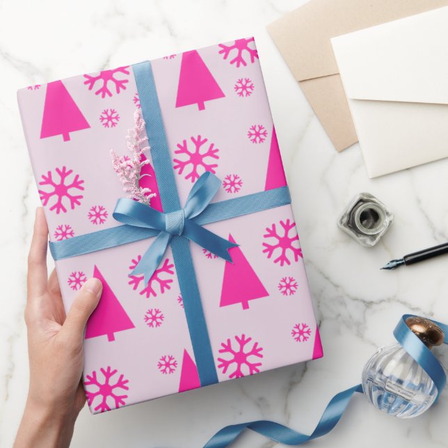 Papier Cadeau Flocons de neige d'arbre de Noël rose (Cadeaux)