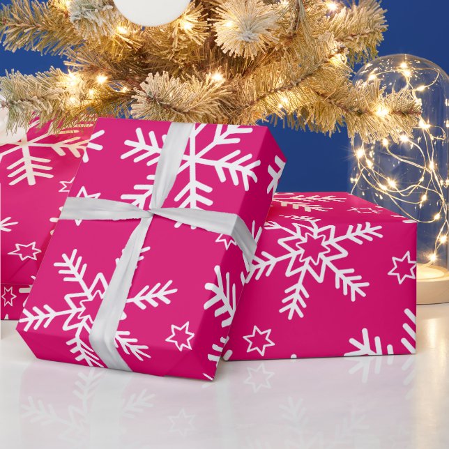 Papier Cadeau Flocons de neige de Noël rose vif et blanc (Vacances)
