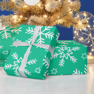 Papier Cadeau Flocons de neige de Noël vert clair et blanc