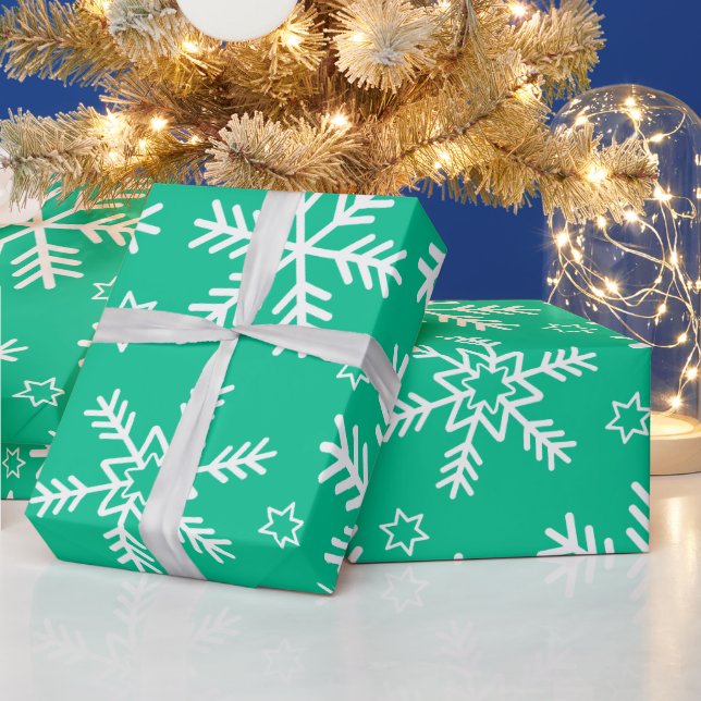 Papier Cadeau Flocons de neige de Noël vert clair et blanc (Vacances)