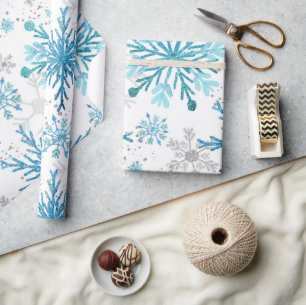 Papier Cadeau Flocons de neige d'hiver en aquarelle bleu et pail