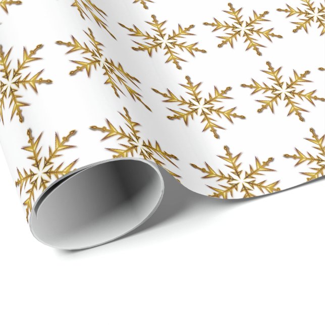Papier Cadeau Flocons de neige dorés élégants sur fond blanc (Coin rond)