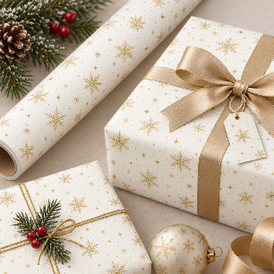 Papier Cadeau Flocons de neige dorés sur fond blanc ivoire en op