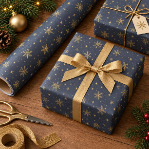 Papier Cadeau Flocons de neige dorés sur fond bleu marine facult