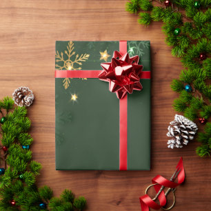Papier Cadeau Flocons de neige élégants verts et or pour les fêt