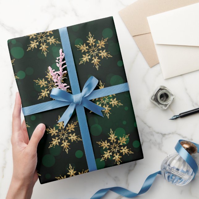 Papier Cadeau Flocons de neige en faux feuillard dorés pour les  (Cadeaux)