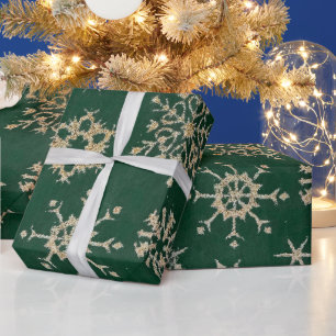 Papier Cadeau Flocons de neige en métal doré vert personnalisés