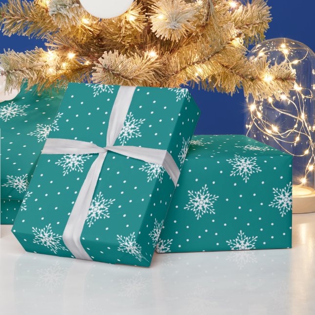 Papier Cadeau Flocons de neige en polka dots sarcelle Noël (Vacances)