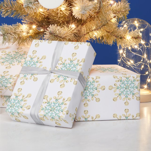 Papier Cadeau Flocons de neige en verre de Noël doré turquoise p (Vacances)