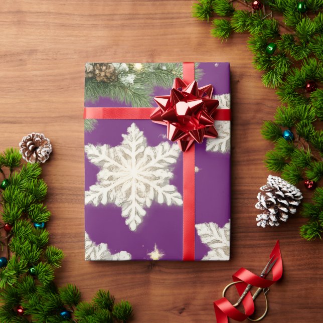 Papier Cadeau Flocons de neige et branches de pin (Cadeau de vacances)