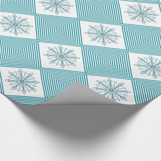 Papier Cadeau Flocons de neige et rayures sarcelle pailletés (Coin)