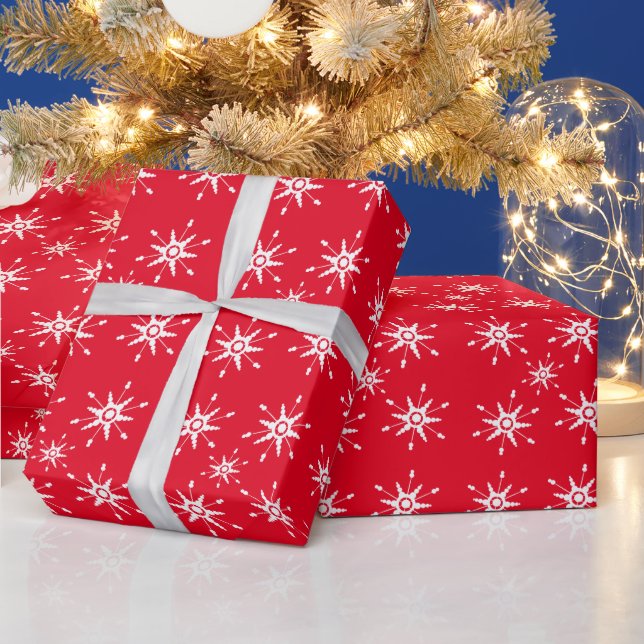 Papier Cadeau Flocons de neige géométriques rouges blancs (Vacances)