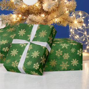 Papier Cadeau Flocons de neige hivernaux festifs verts et or en