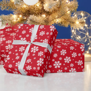 Papier Cadeau Flocons de neige hivernaux rouges et blancs festif