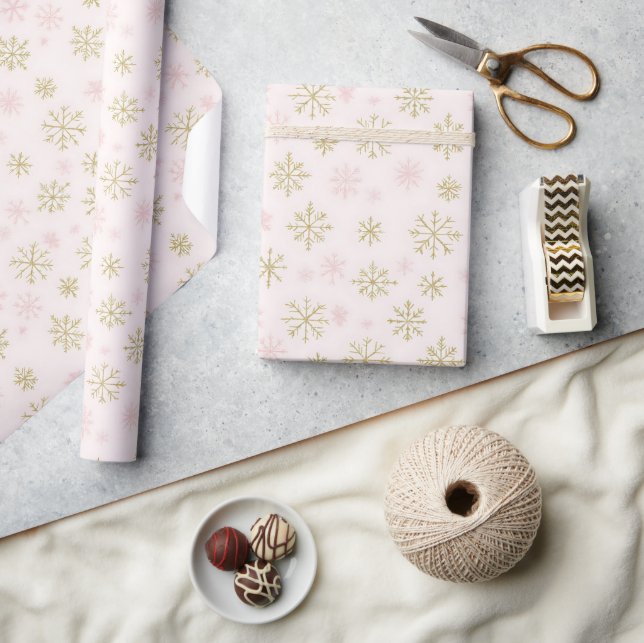 Papier Cadeau Flocons de neige roses et dorés (Artisanat)