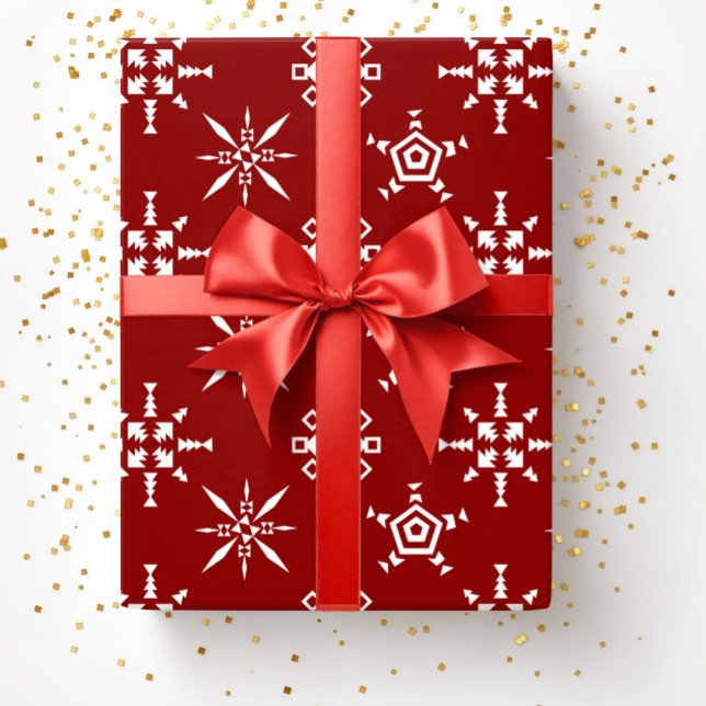 Papier Cadeau Flocons de neige rouges festifs Noël (Festive Red Snowflakes Christmas Wrapping Paper)