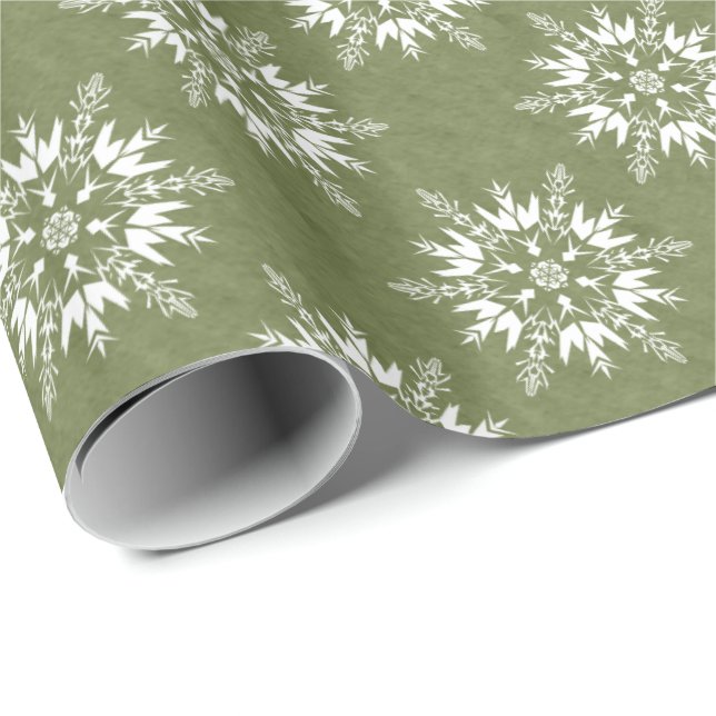 Papier Cadeau Flocons de neige sur le vert (Coin rond)