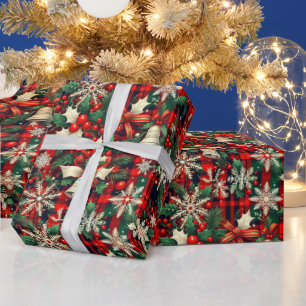 Papier Cadeau Flocons de Noël Houx sur Motif Tartan Rouge