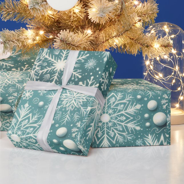Papier Cadeau Flocons de Noël Neige Sarcelle Blanche Découpage (Vacances)